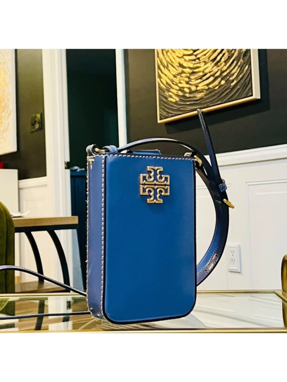 Auth Tory Burch Periwinkle Britten Patent Leather Crossbody/Cellphone Bag